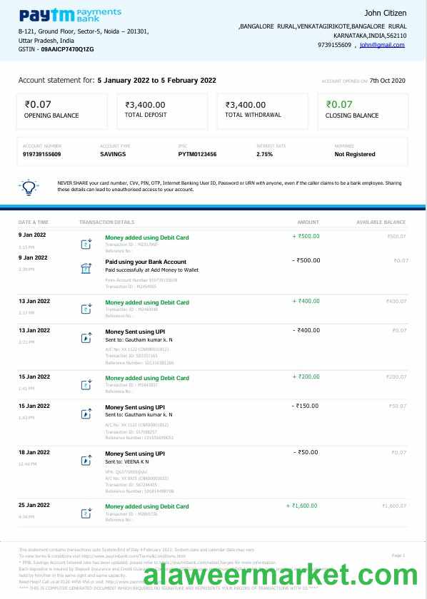 India Paytm Payments bank statement Word and PDF template, 2 pages, version 2